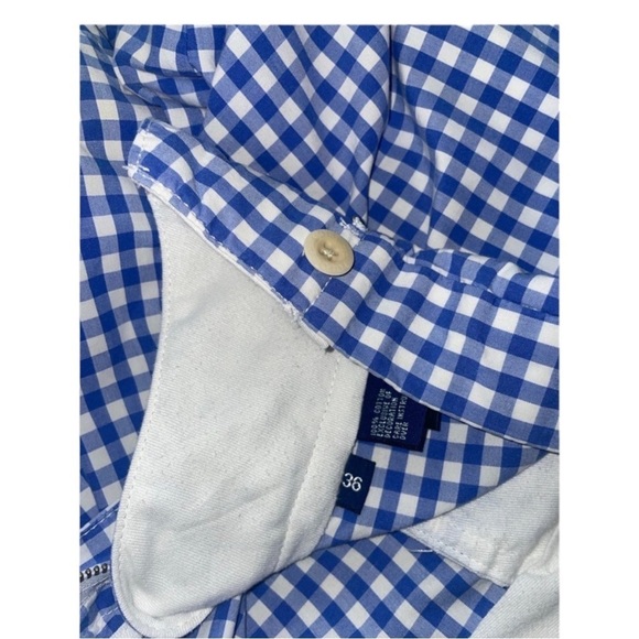 POLO GOLF Ralph Lauren Cotton Blue/White Gingham Flat Front Shorts Size 36 - Picture 11 of 11